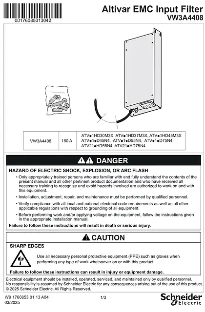 schneider施耐德Instruction sheet - Additional EMC input filter - VW3A31408